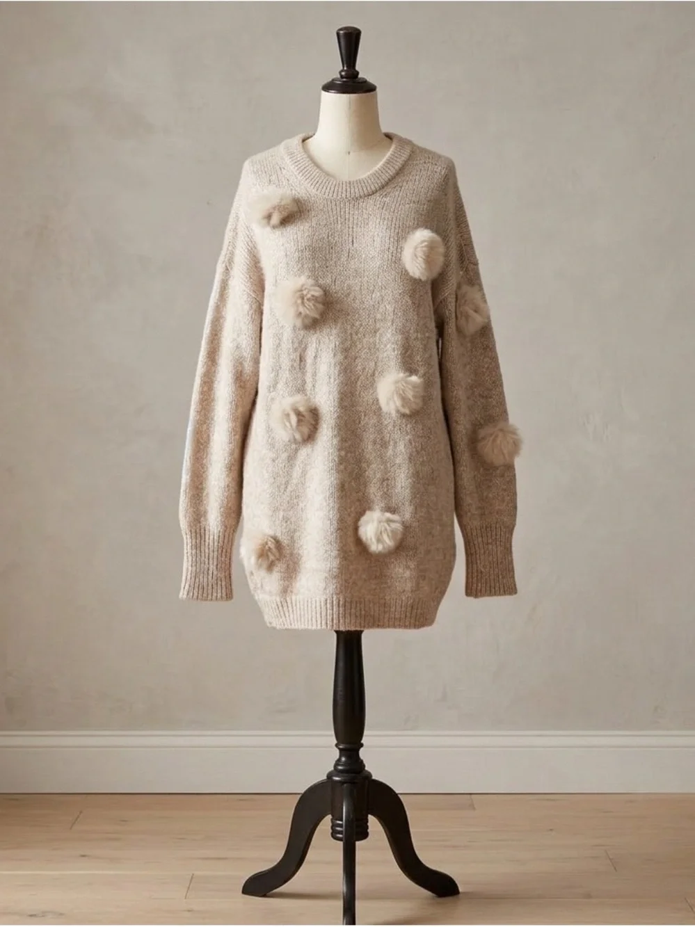 Tibi Beige Pom-Pom Crewneck Sweater Dress Alpaca Wool